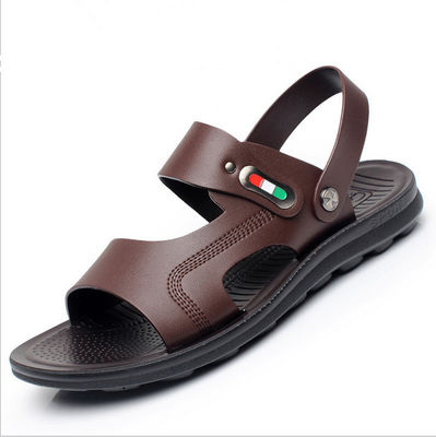 Özel El Yapımı Deri Sandal Erkek OEM / ODM Kahverengi Deri Düz Sandal