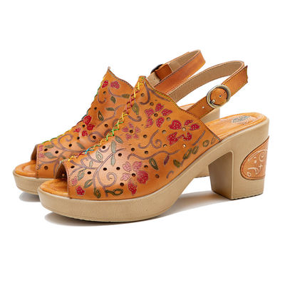 Bohemya Moda Kadınlar Sandal Portakal Deri Blok Topuklu Sandal