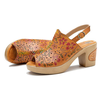 Bohemya Moda Kadınlar Sandal Portakal Deri Blok Topuklu Sandal