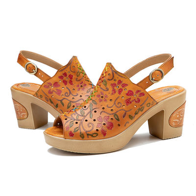 Bohemya Moda Kadınlar Sandal Portakal Deri Blok Topuklu Sandal