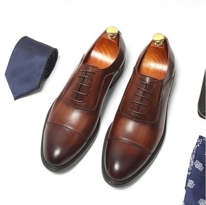 Plain Toe Mens Brown Lace Up Dress Shoes Customized Size Waxy Leather Finish