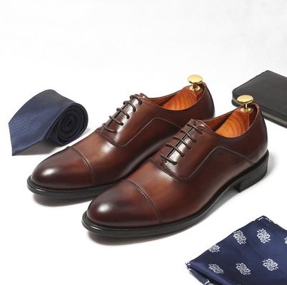 Plain Toe Mens Brown Lace Up Dress Shoes Customized Size Waxy Leather Finish