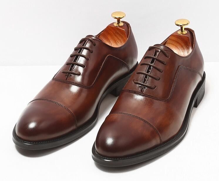 Plain Toe Mens Brown Lace Up Dress Shoes Customized Size Waxy Leather Finish